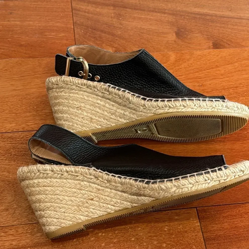 Anthropologie Maypol black Leather Cross Band‎ Espadrilles Wedge Sandals 40/9